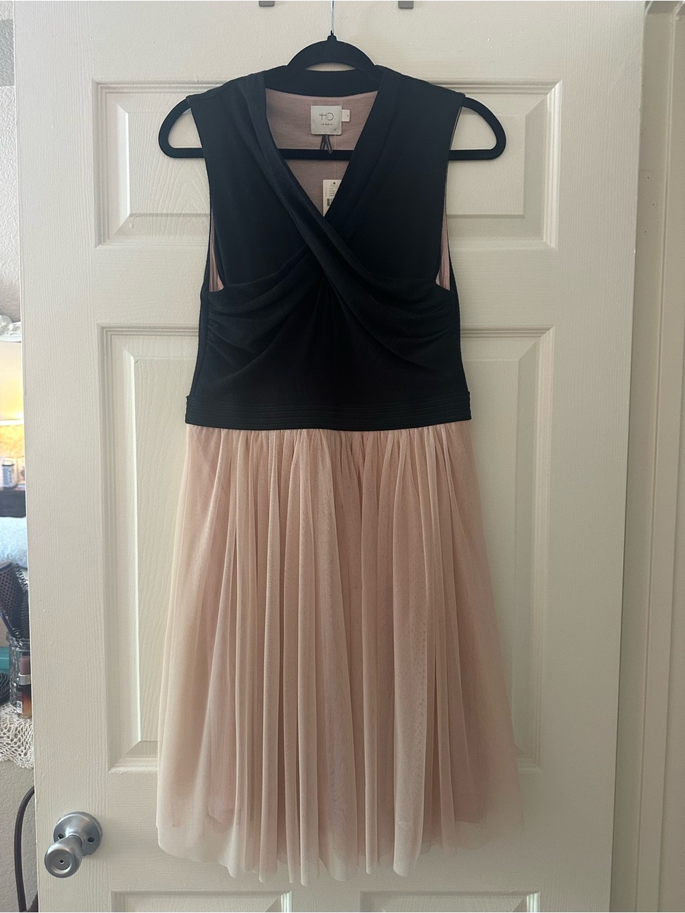 Anthropologie HD in Paris Black & Blush Tulle Midi Dress with Draped Bodice